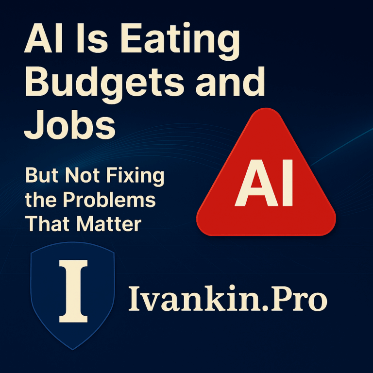 AI governance risk illustration with Ivankin.Pro shield logo, dark blue grid background, and a red AI warning triangle.