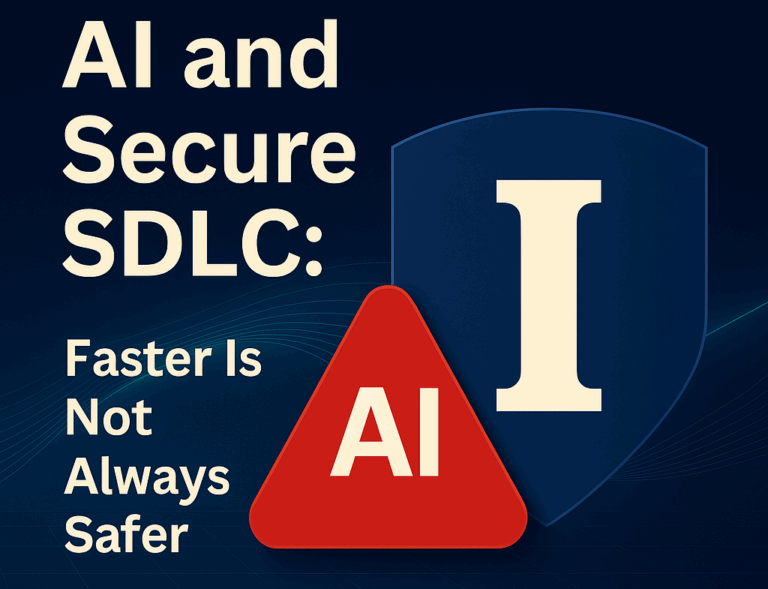 Ivankin.Pro blog header image showing the title “AI and Secure SDLC: Faster Is Not Always Safer” with a red triangle warning sign labeled “AI” and the Ivankin.Pro shield logo on a navy grid background.