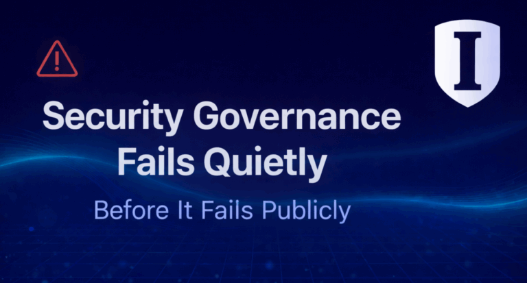 Security governance failure illustrated by a warning icon and shield on a dark blue cybersecurity background, showing how weak governance leads to operational and security risk.